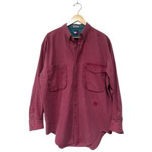Tommy Hilfiger Vintage Mens L Button Up Embroidered Crest Pockets Faded Red